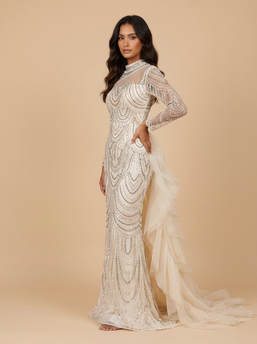 Catalina · Vestido de gala sirena de pedrería con cuello alto, manga larga y cola de tul