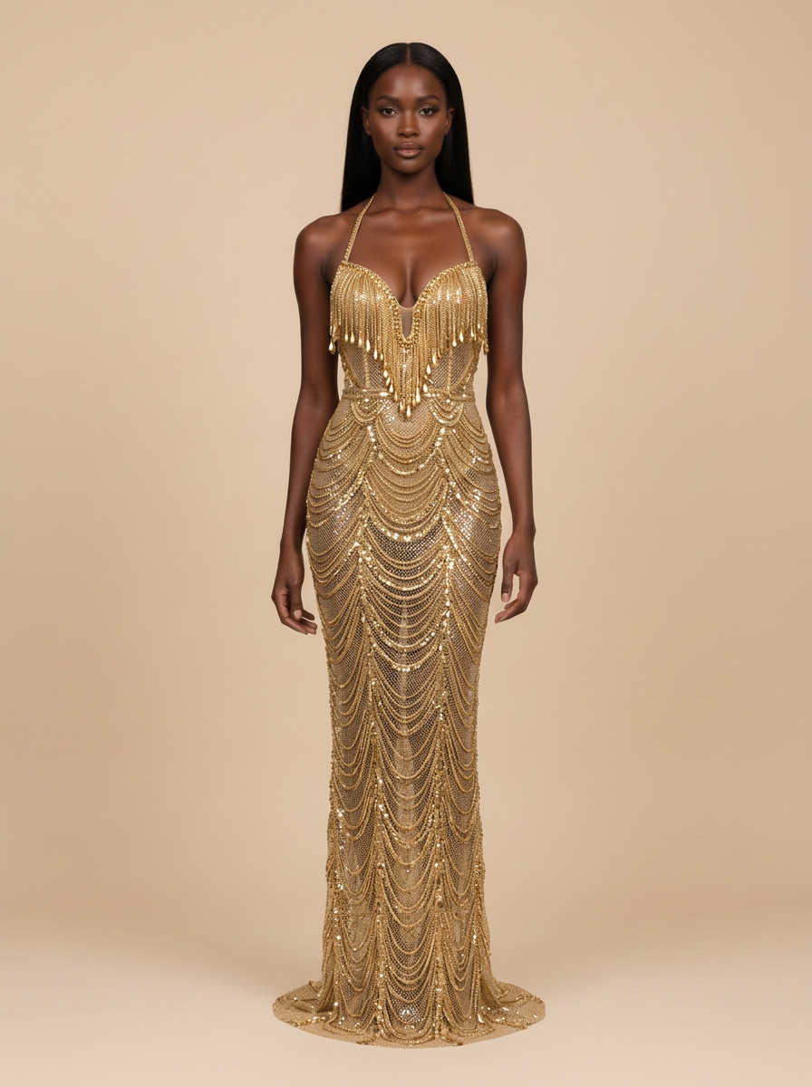 Oriana · Vestido de noche transparente halter con cuentas doradas