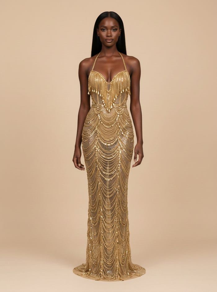Oriana · Vestido de noche transparente halter con cuentas doradas