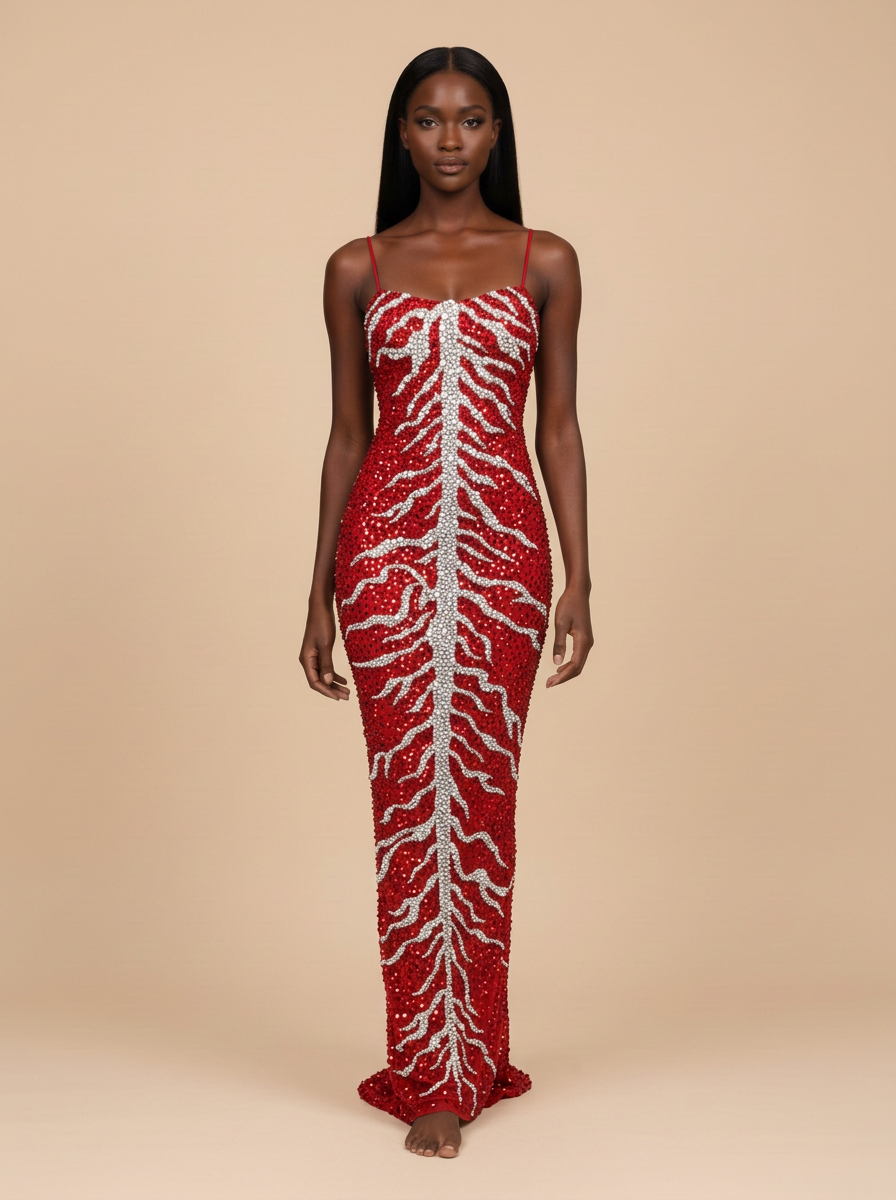 Rubí · Vestido de noche rojo de malla con pedrería y cuentas