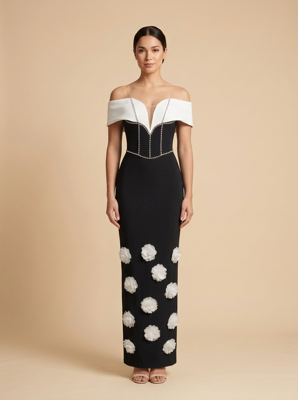 Contraste · Vestido midi negro y blanco con corsé floral