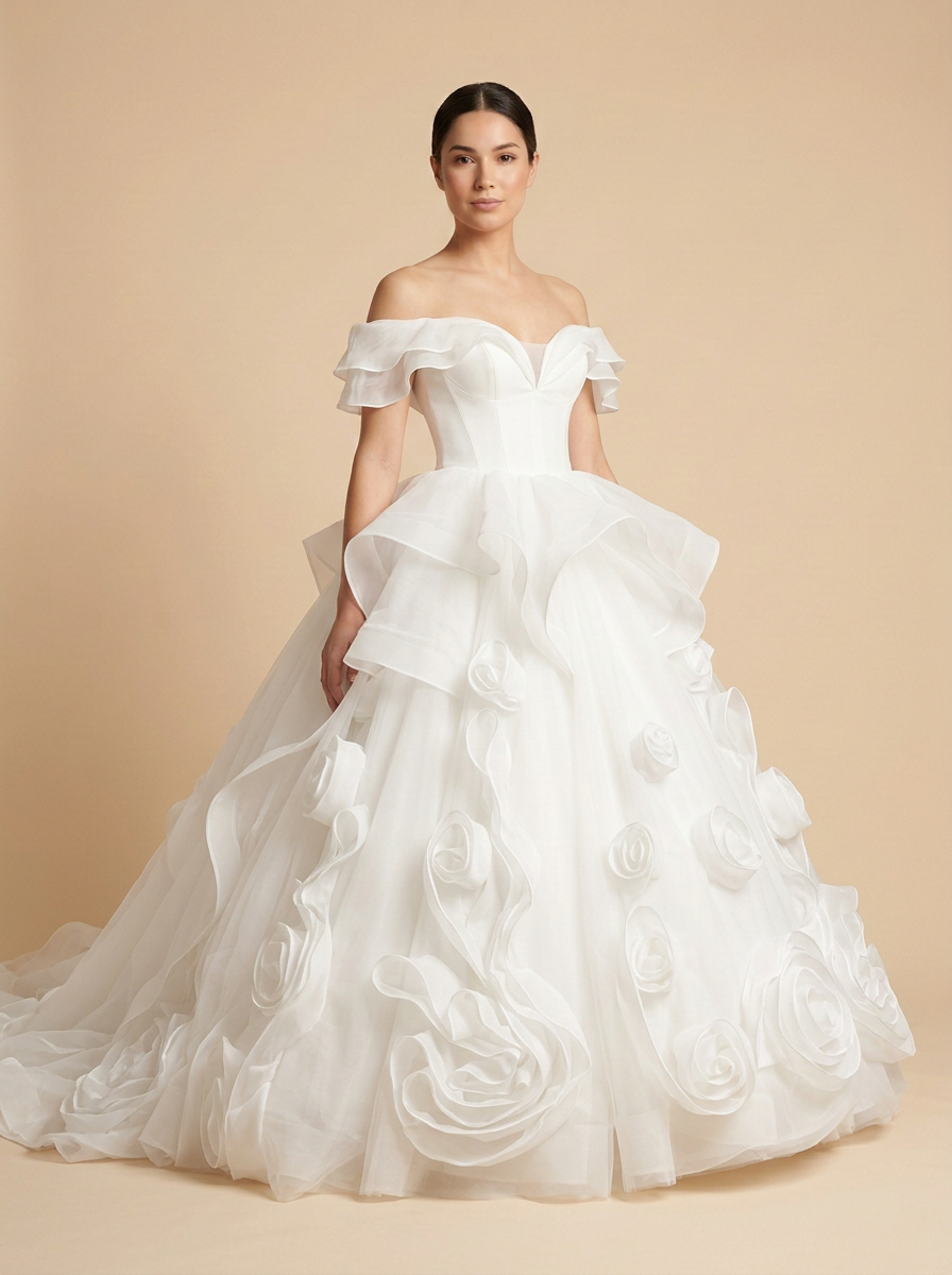 Olivia · Vestido de novia sirena de hombros descubiertos con volantes y rosas