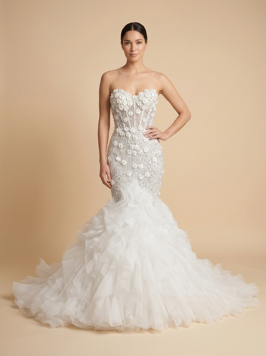Julieta · Vestido de novia princesa con corsé de satén, tul y volantes florales 3D