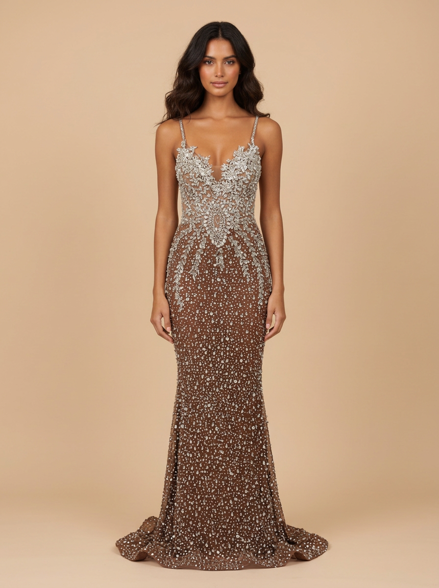 Dorotea · Vestido de fiesta sirena champán de lentejuelas con apliques florales