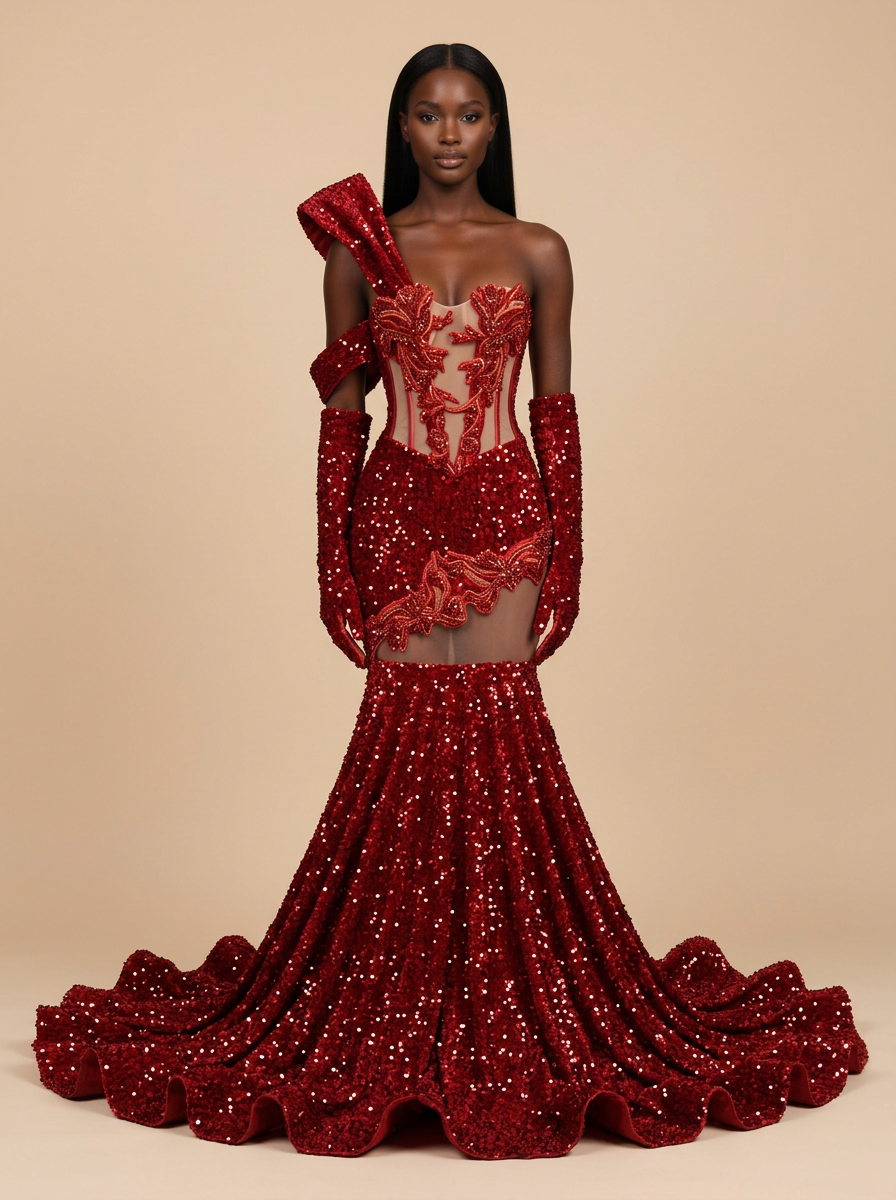 Granate · Vestido de gala rojo con cuentas y cristales
