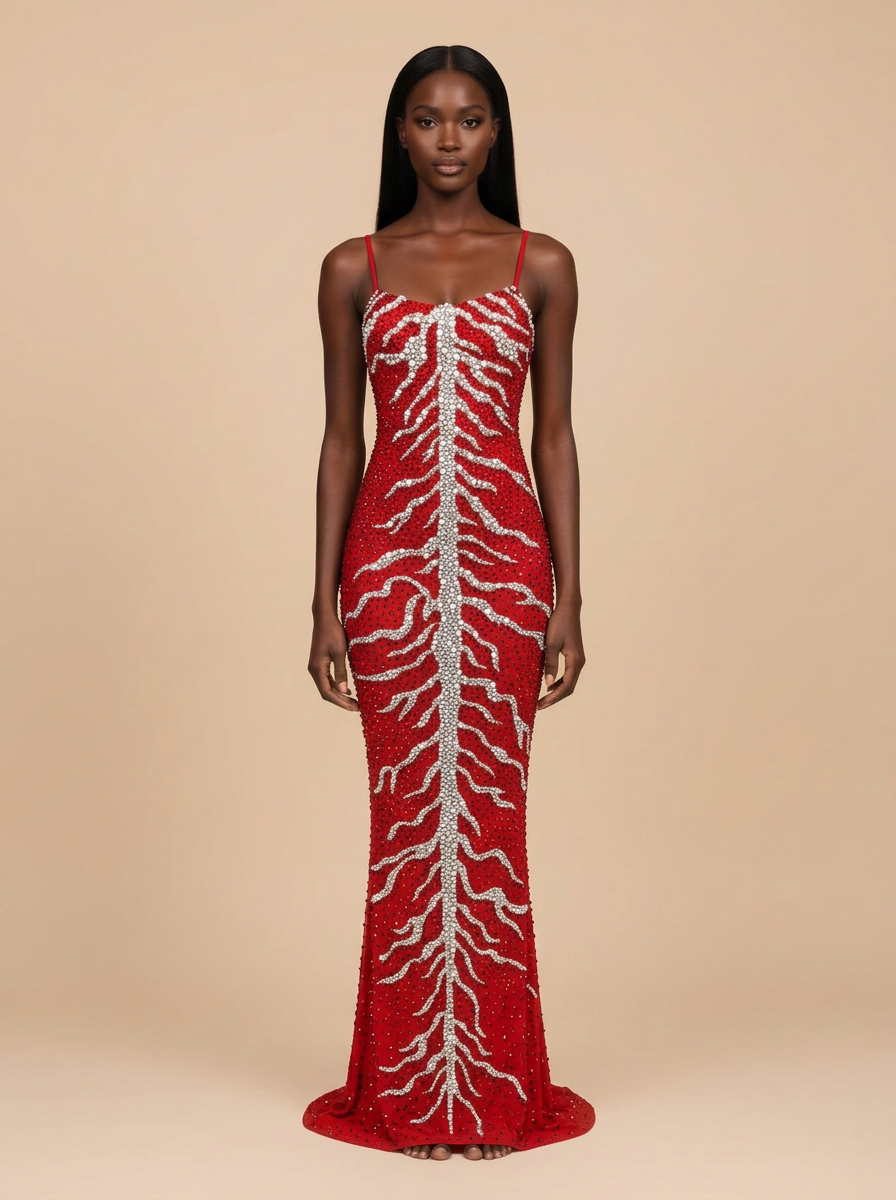 Rubí – Vestido de noche rojo de malla con pedrería y cuentas – Lentejuelas Couture