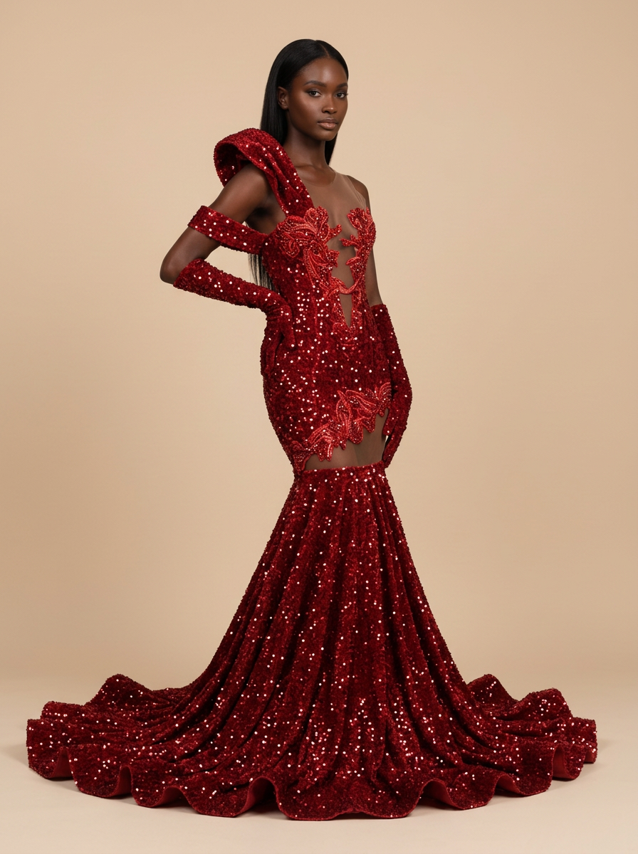Granate · Vestido de gala rojo con cuentas y cristales
