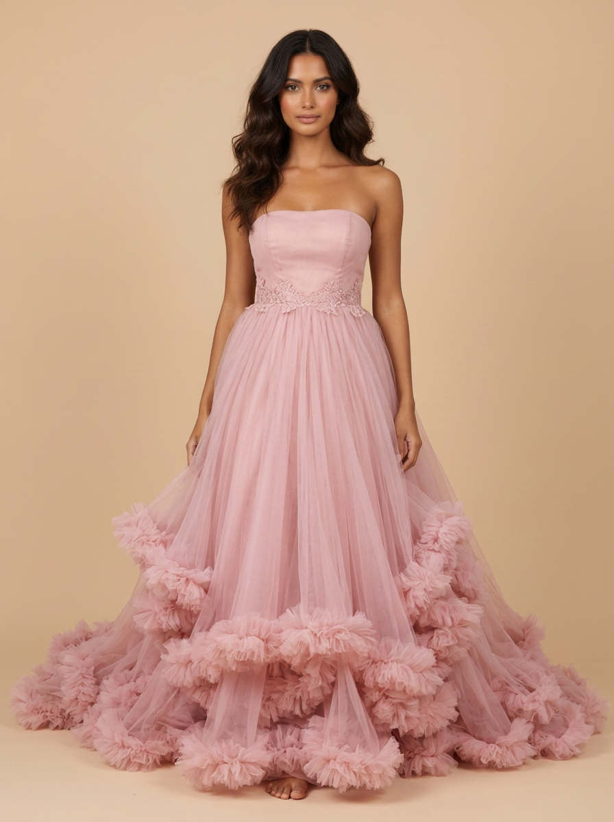 Alessia · Vestido de quinceañera de tul rosa efecto nube con cinturón de cristal