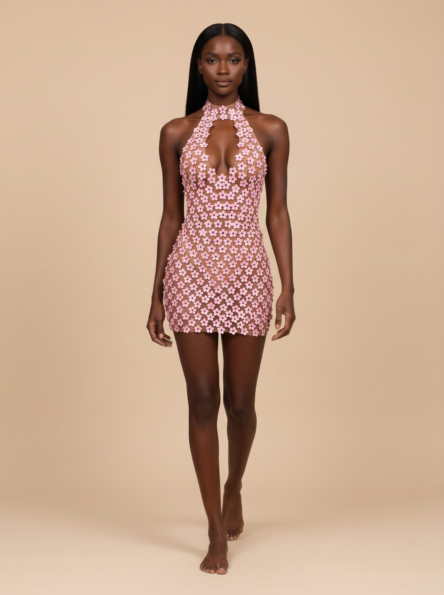 Peonía · Vestido mini rosa halter de malla con flores 3D