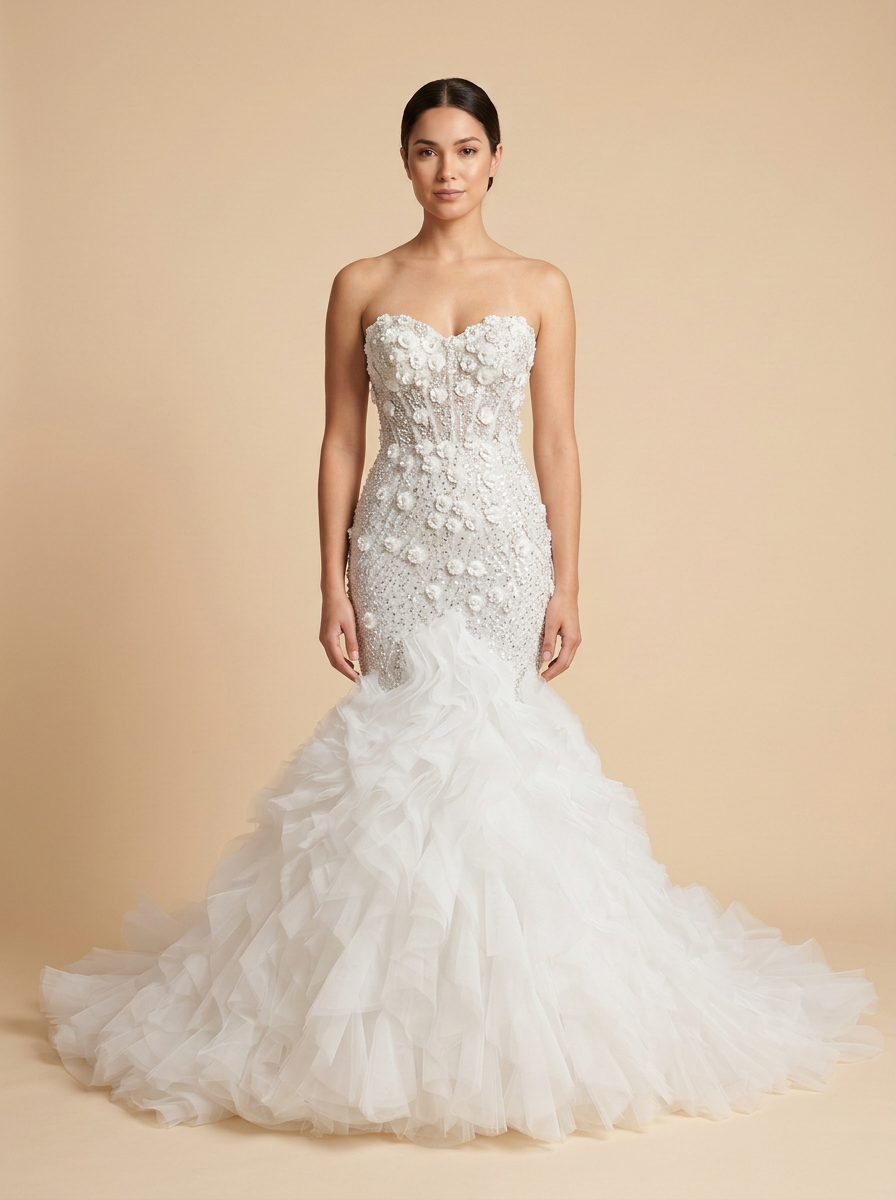 Julieta · Vestido de novia princesa con corsé de satén, tul y volantes florales 3D