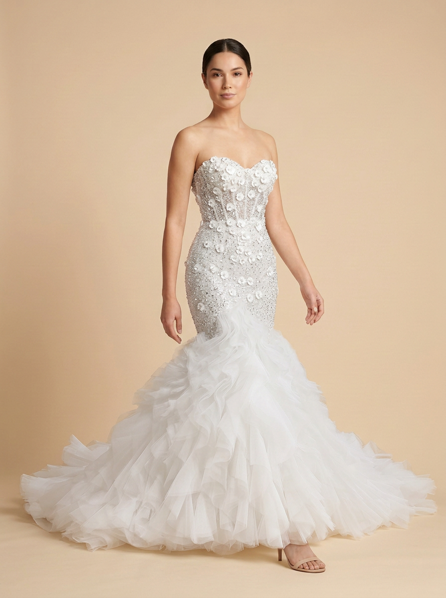 Julieta · Vestido de novia princesa con corsé de satén, tul y volantes florales 3D