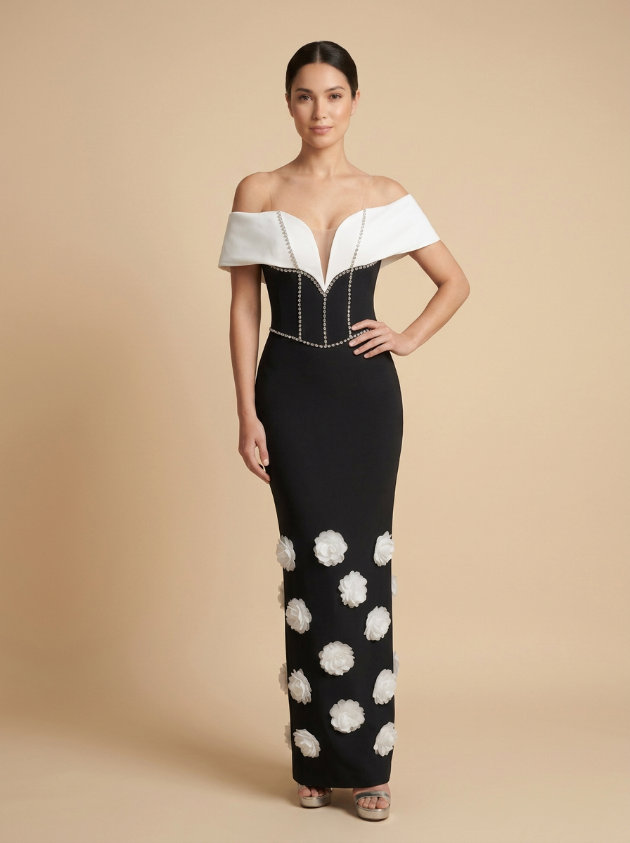 Contraste · Vestido midi negro y blanco con corsé floral