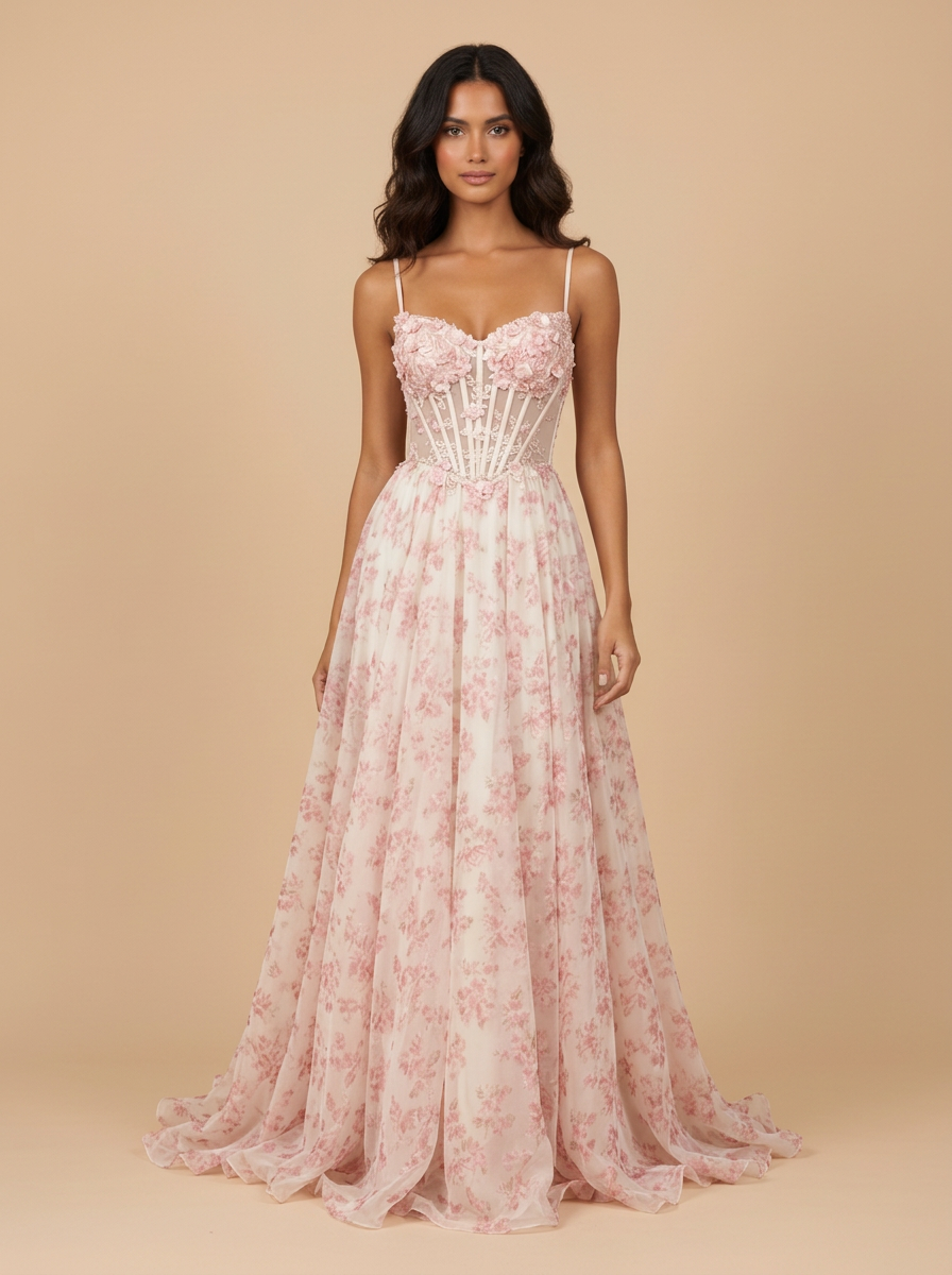 Flora · Vestido de fiesta rosa con corsé floral de gasa y espalda descubierta