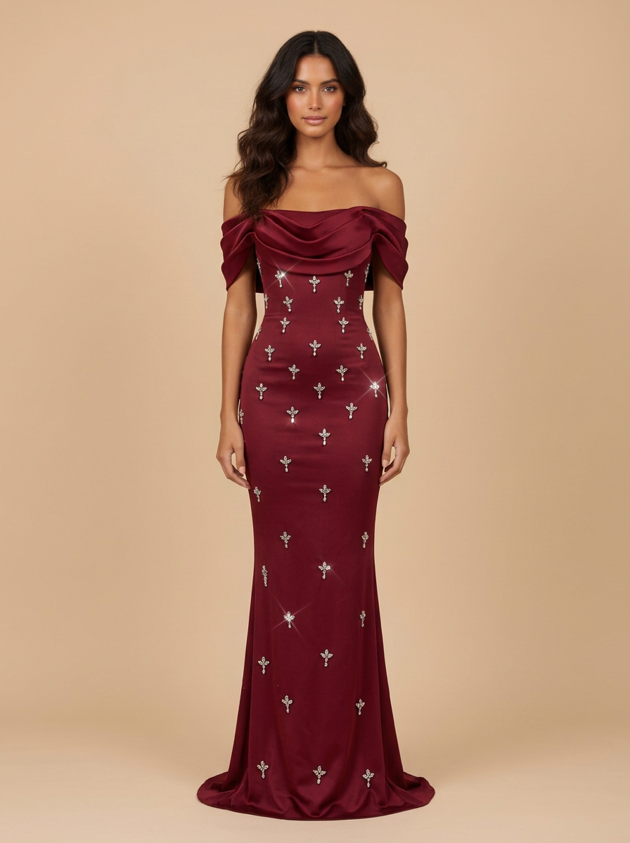 Selene · Vestido de noche sirena burdeos de hombros descubiertos con pedrería
