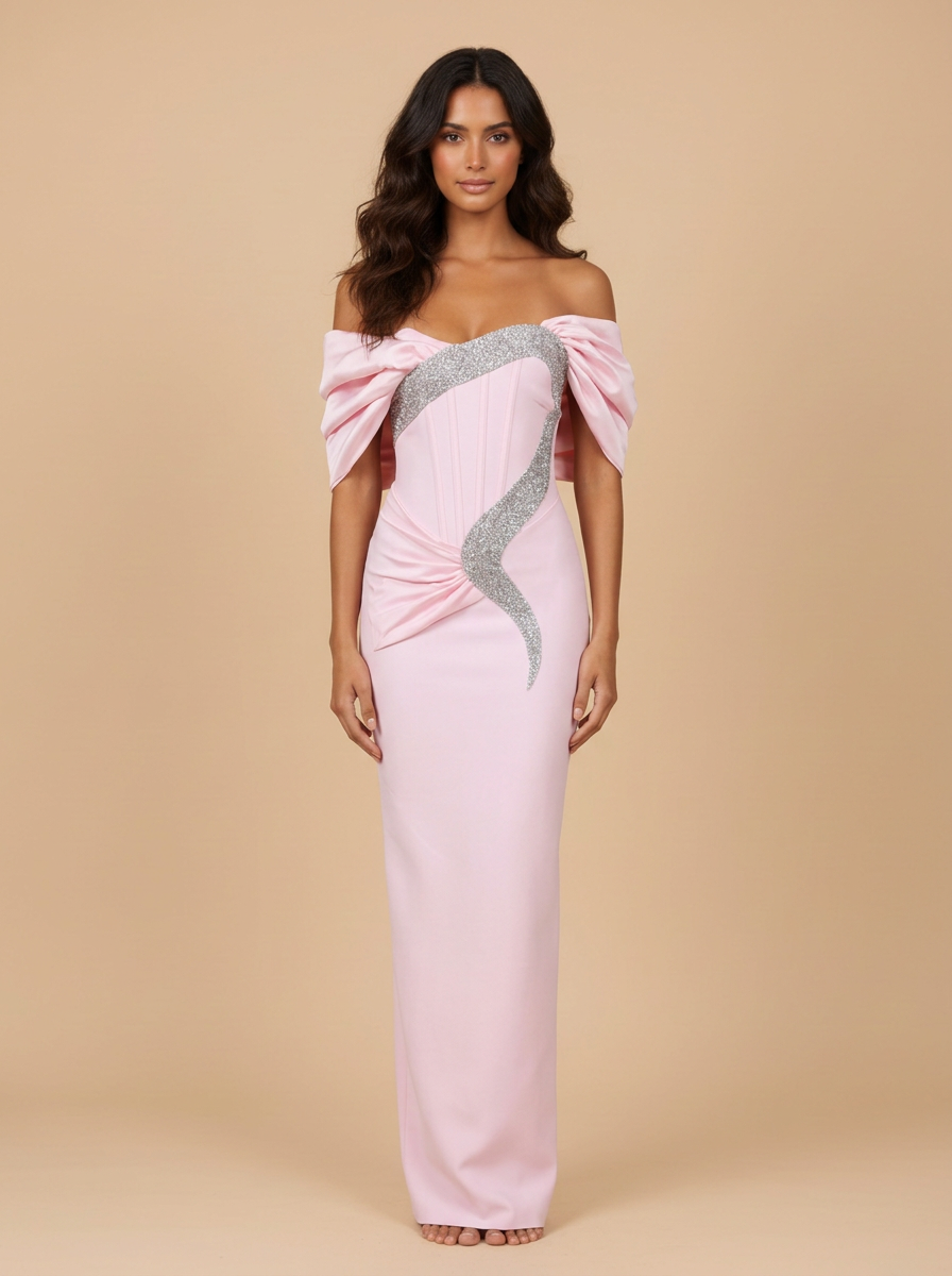 Alma · Vestido midi rosa de hombros descubiertos con corsé y pedrería