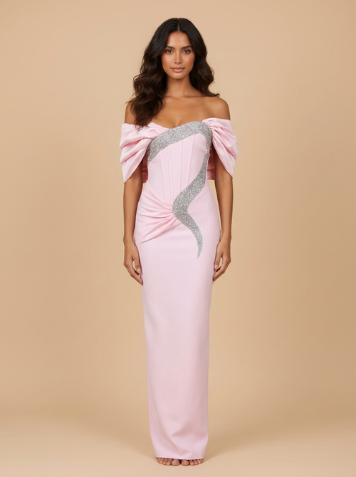 Alma – Vestido midi rosa de hombros descubiertos con corsé y pedrería – Lentejuelas Couture