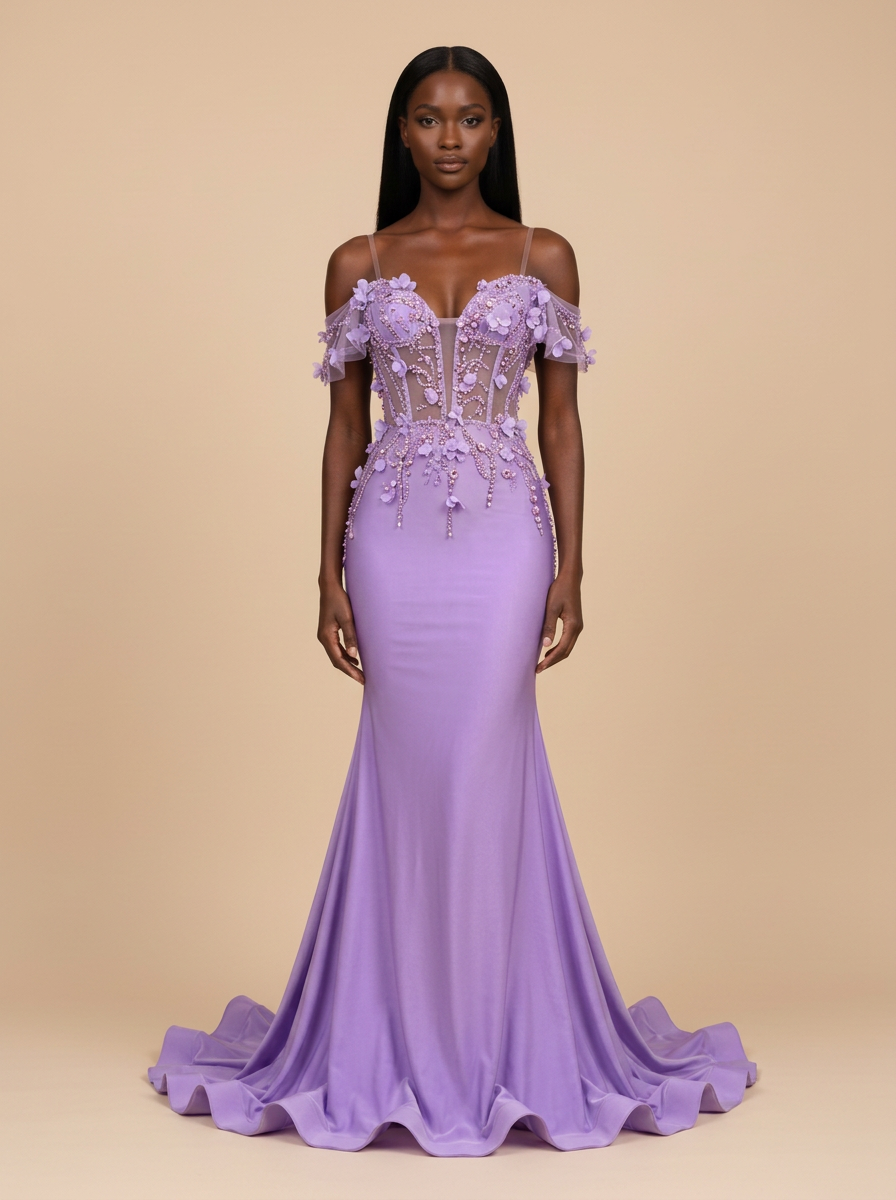 Lila · Vestido de fiesta sirena lavanda de hombros descubiertos con flores 3D