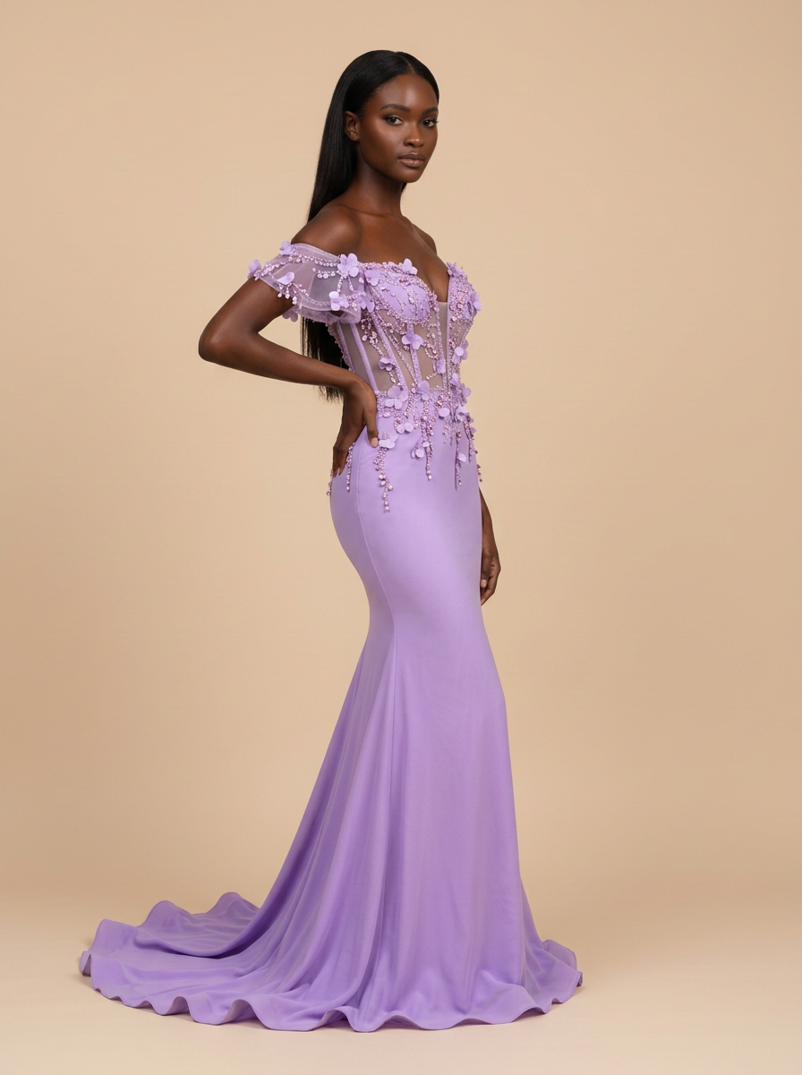 Lila · Vestido de fiesta sirena lavanda de hombros descubiertos con flores 3D