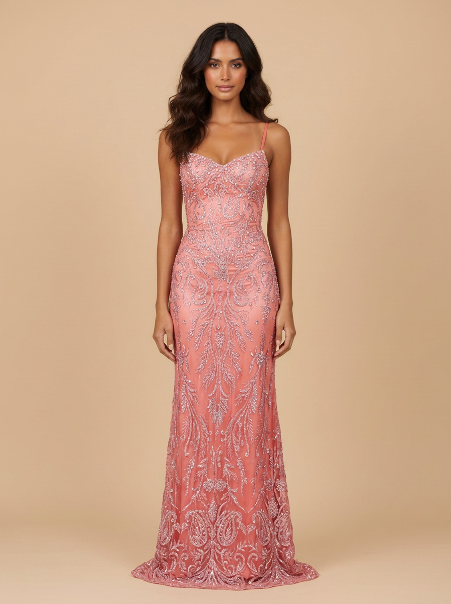 Coral – Vestido de noche sirena coral con escote corazón y pedrería – Lentejuelas Couture