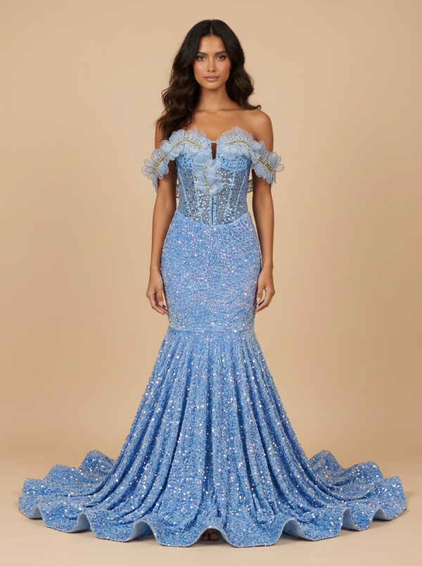 Marina · Vestido de fiesta sirena azul claro brillante de hombros descubiertos