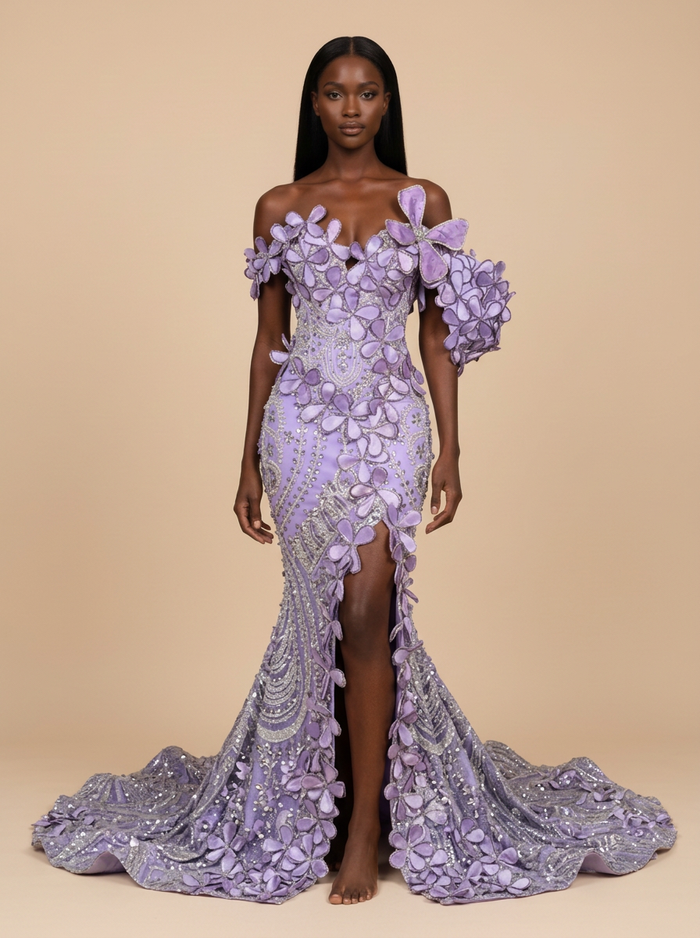 Gardenia · Vestido de gala lila de tul con flores 3D y hombros descubiertos