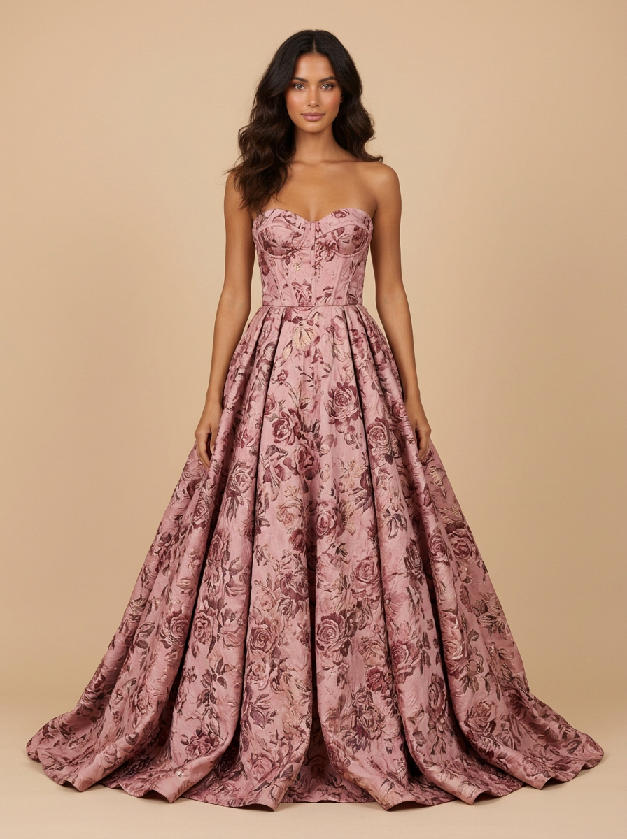 Rosalía · Vestido de gala con escote corazón y estampado floral rosa