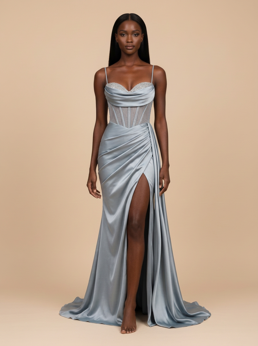 Celia · Vestido de noche sirena azul cielo brillante con escote en V y abertura