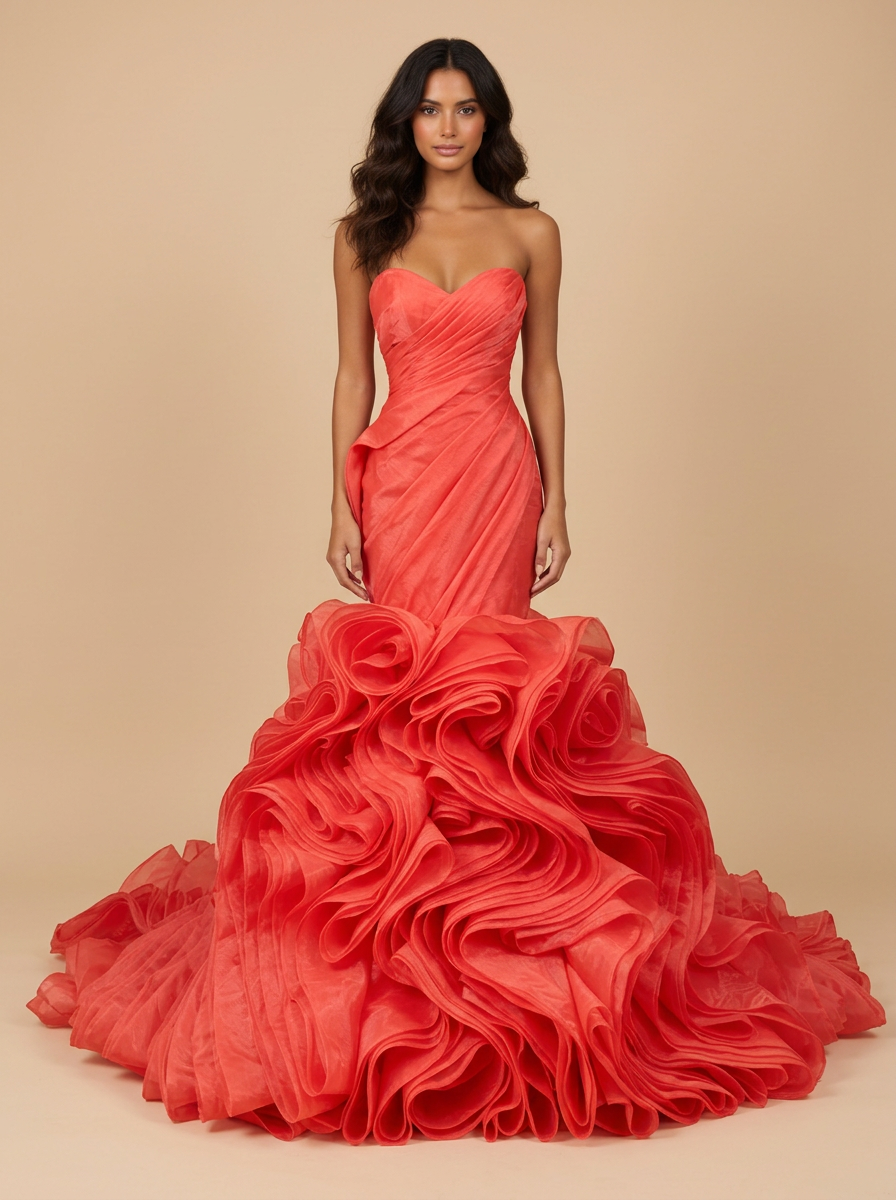 Renata · Vestido de gala sirena rojo de hombros descubiertos con volantes y cola de capilla