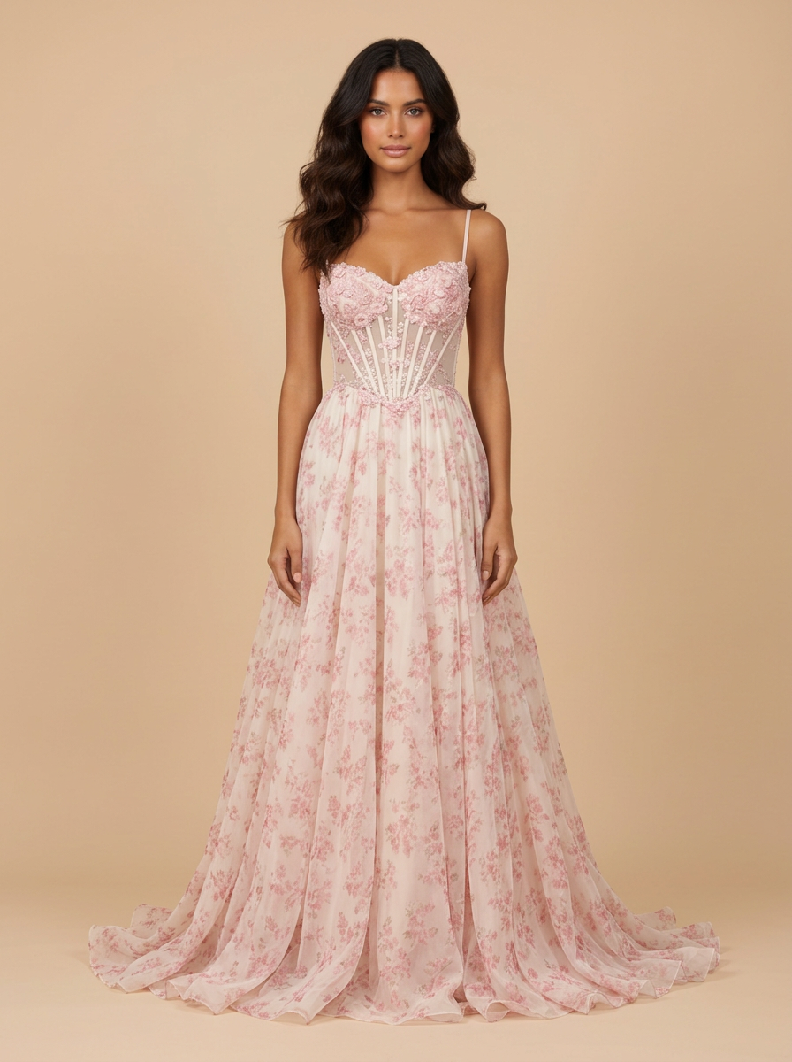 Flora – Vestido de fiesta rosa con corsé floral de gasa y espalda descubierta – Lentejuelas Couture