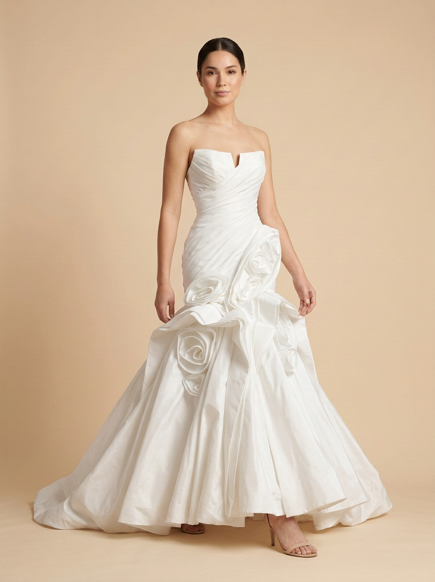 Inés · Vestido de novia sirena de satén sin tirantes con rosa 3D y cola floral