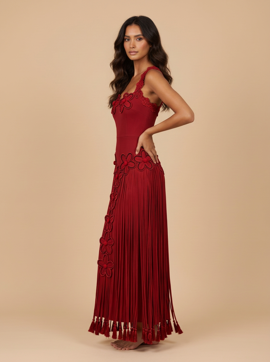Gatsby · Vestido de noche rojo halter con flecos
