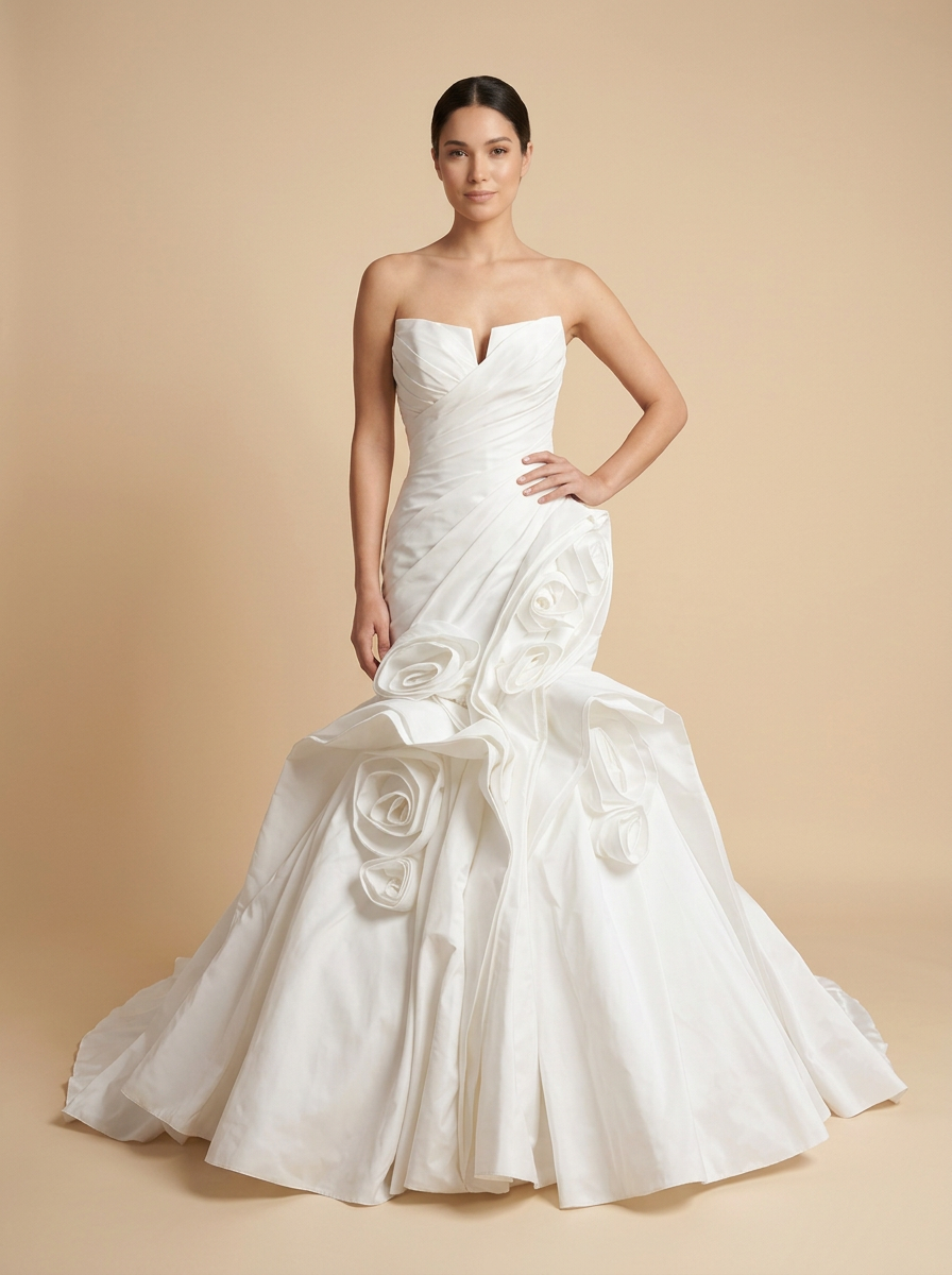 Inés · Vestido de novia sirena de satén sin tirantes con rosa 3D y cola floral