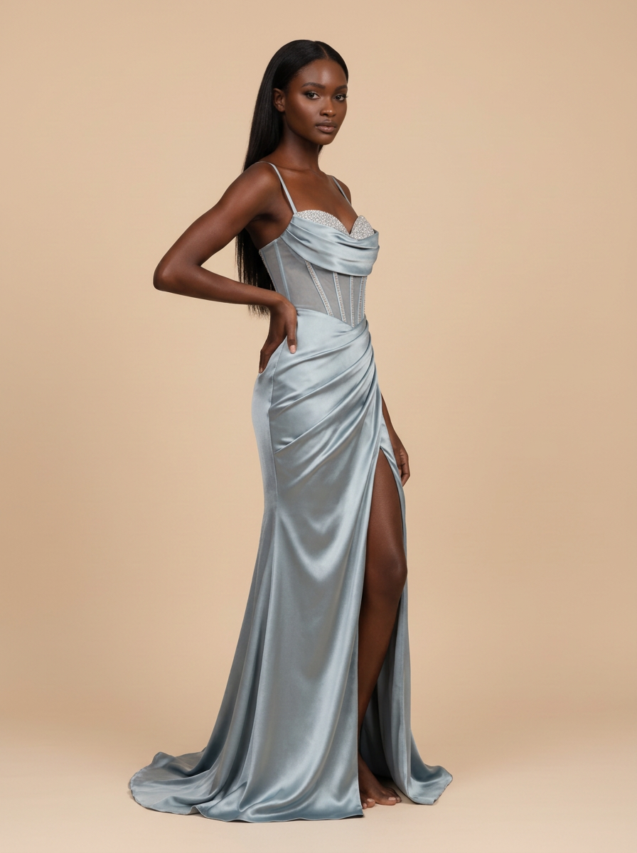 Celia · Vestido de noche sirena azul cielo brillante con escote en V y abertura