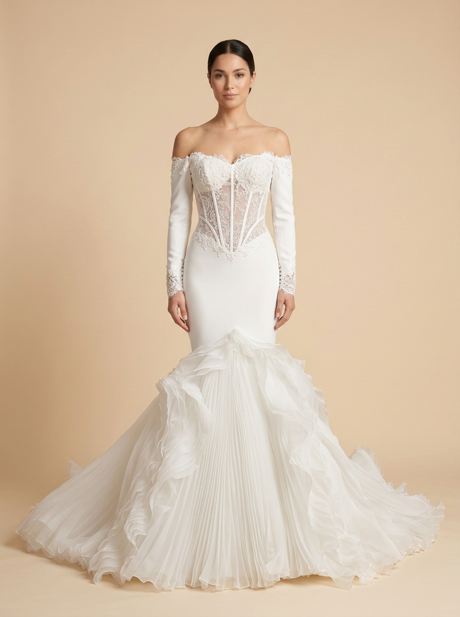 Martina – Vestido de novia vintage de manga larga con corsé de encaje y gasa plisada – Lentejuelas Couture