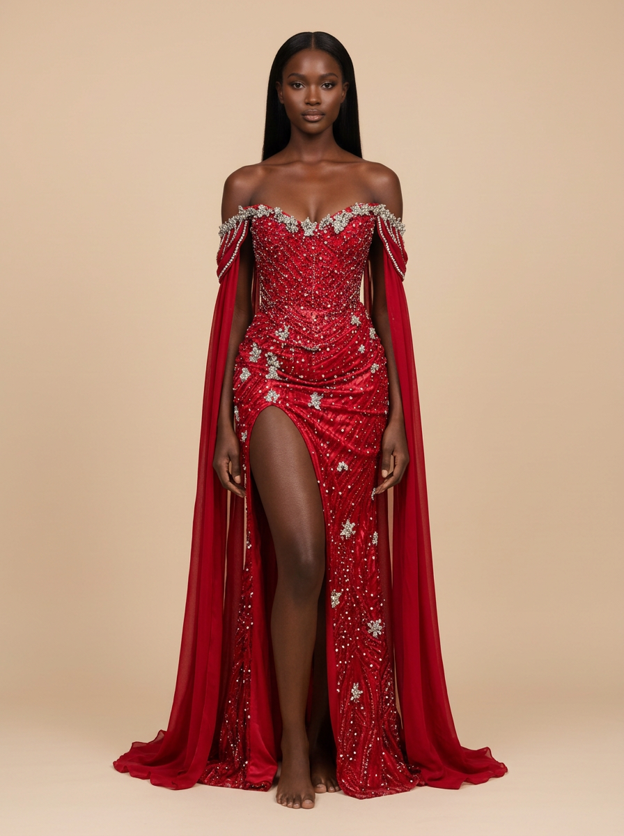 Carmesí – Vestido de noche sirena rojo de hombros descubiertos con pedrería – Lentejuelas Couture