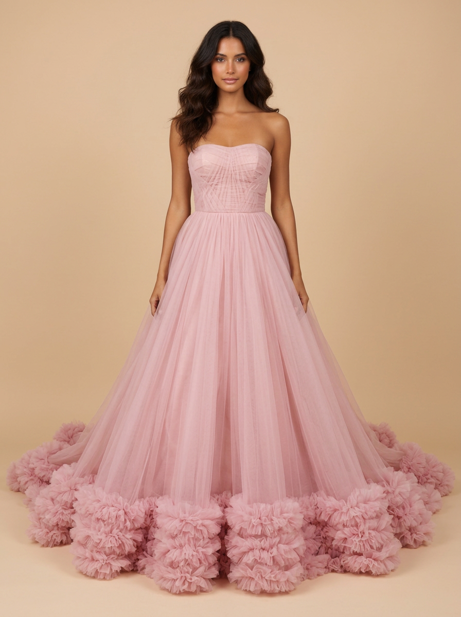 Alessia – Vestido de quinceañera de tul rosa efecto nube con cinturón de cristal – Lentejuelas Couture