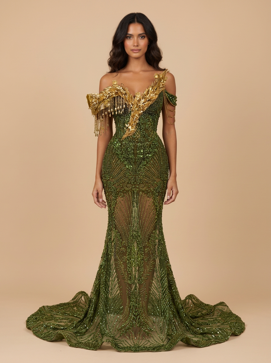 Esmeralda · Vestido de noche sirena verde con cuentas y flecos