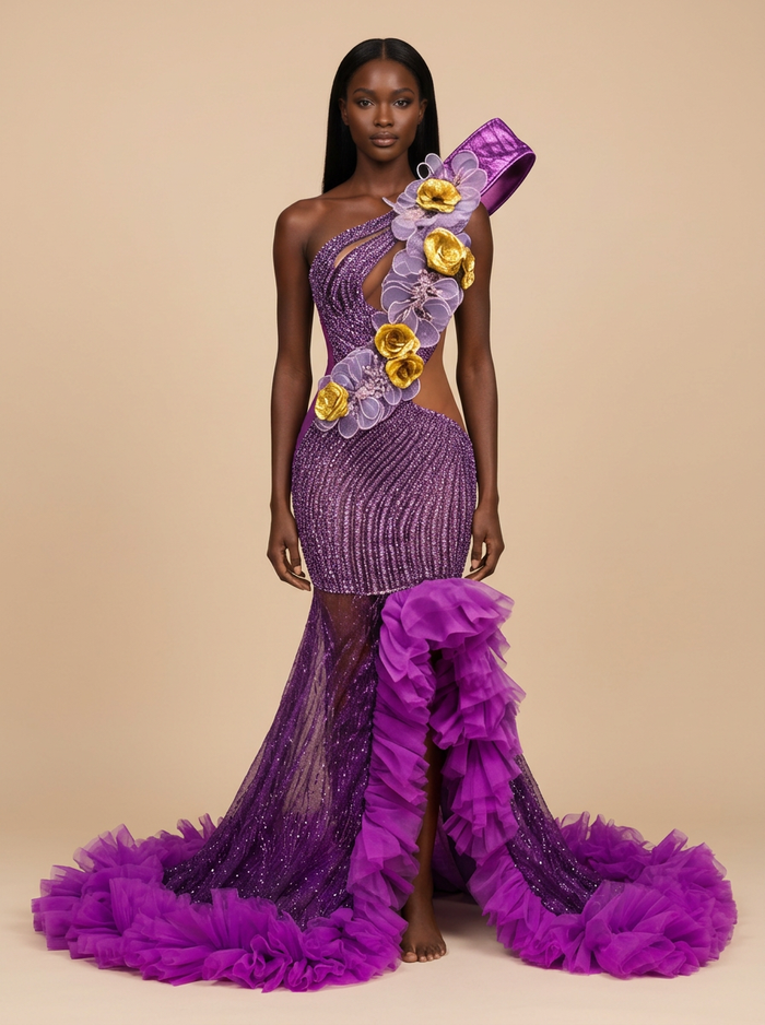 Violeta · Vestido de gala morado con flores y pedrería