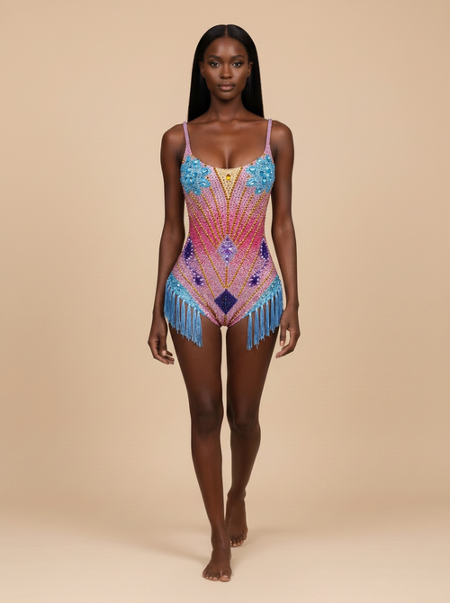 Arcoíris · Body de lentejuelas multicolor con flecos