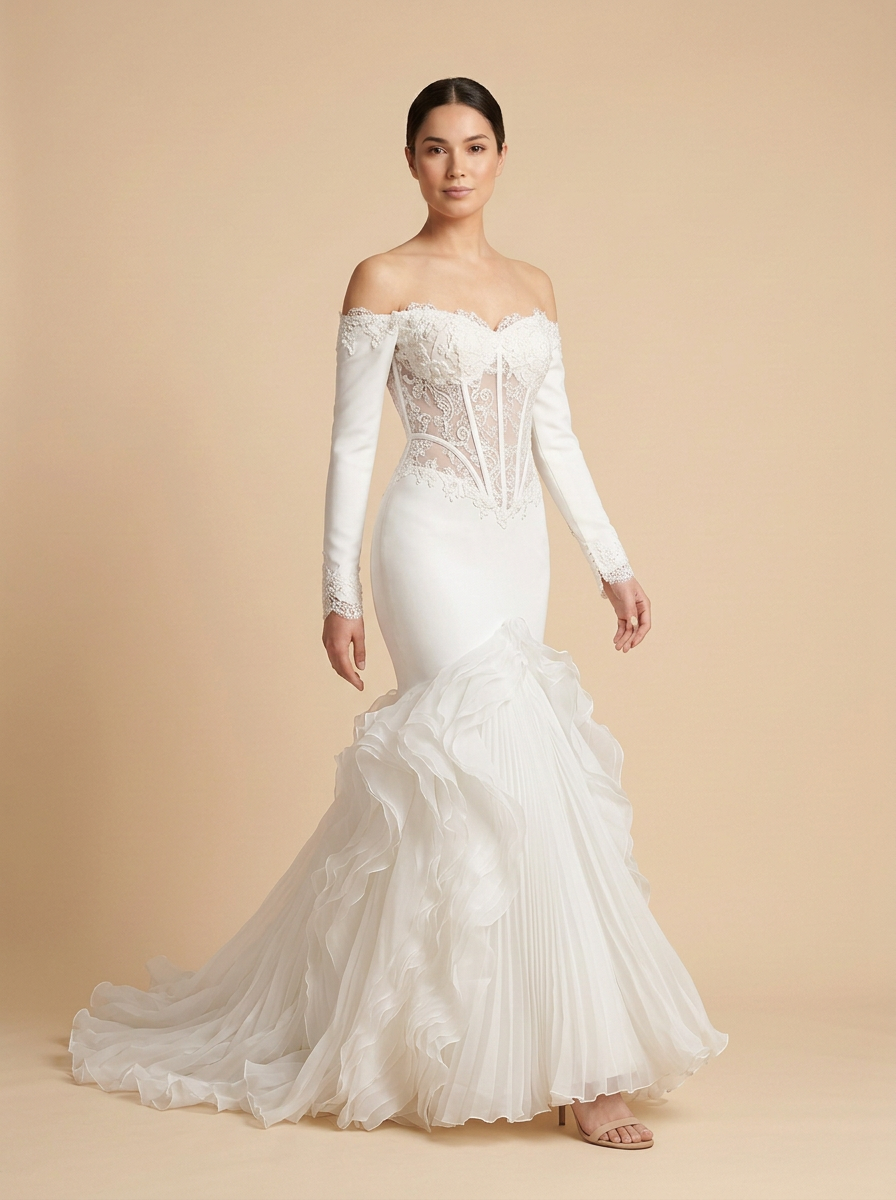 Martina · Vestido de novia vintage de manga larga con corsé de encaje y gasa plisada