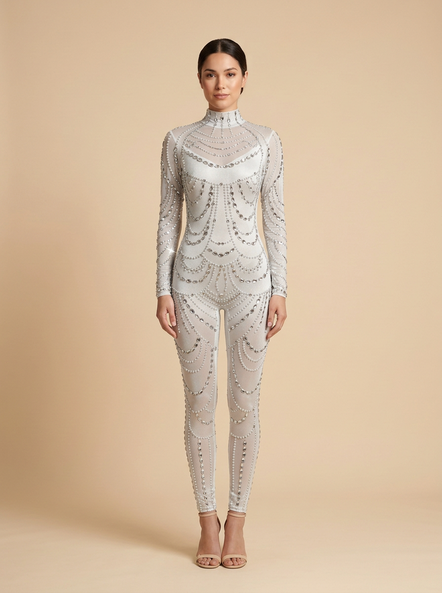 Diamante – Mono de pedrería blanca con manga larga y cuello alto – Lentejuelas Couture