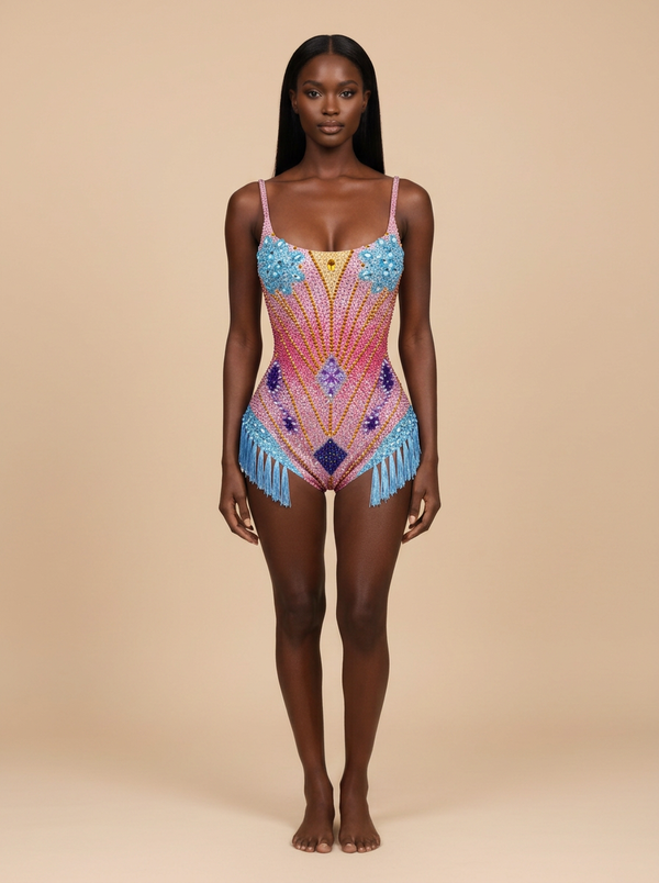 Arcoíris · Body de lentejuelas multicolor con flecos