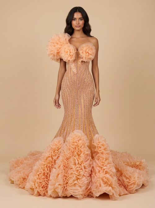 Antonella · Vestido de quinceañera sirena melocotón de encaje con volantes y espalda descubierta