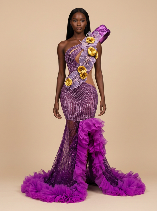 Violeta · Vestido de gala morado con flores y pedrería