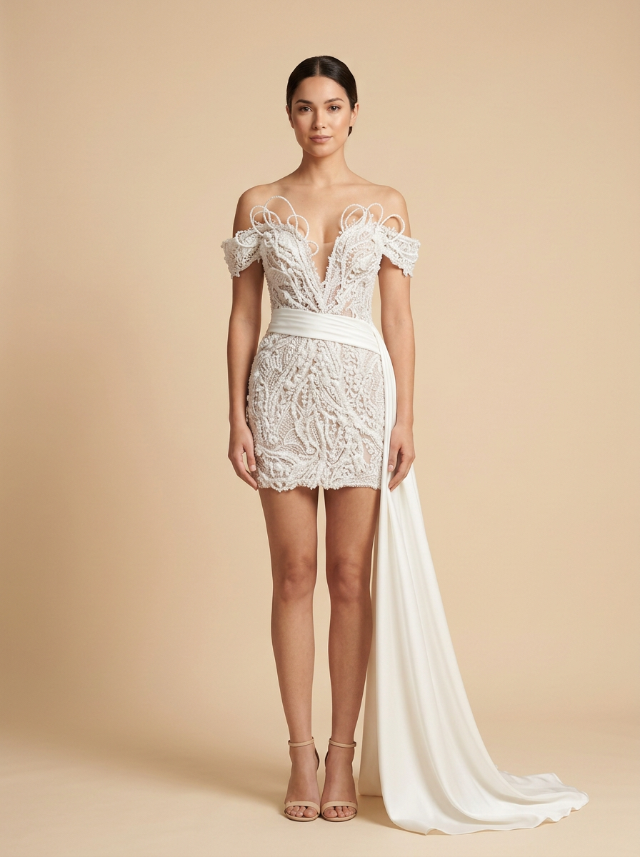 Perla · Vestido mini de encaje blanco con perlas y escote en V