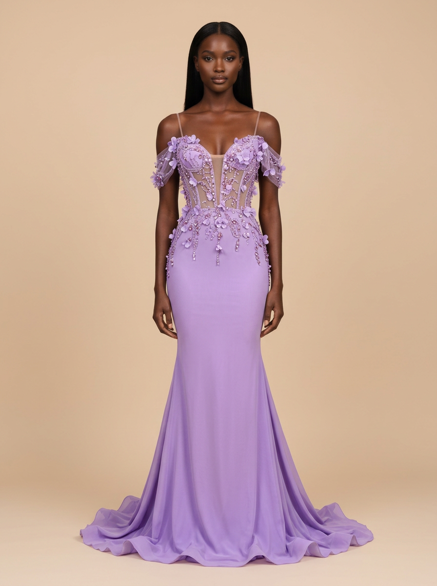 Lila · Vestido de fiesta sirena lavanda de hombros descubiertos con flores 3D