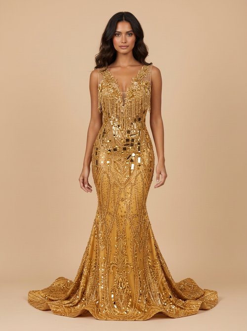 Áurea · Vestido de noche con apliques 3D dorados y escote profundo en V