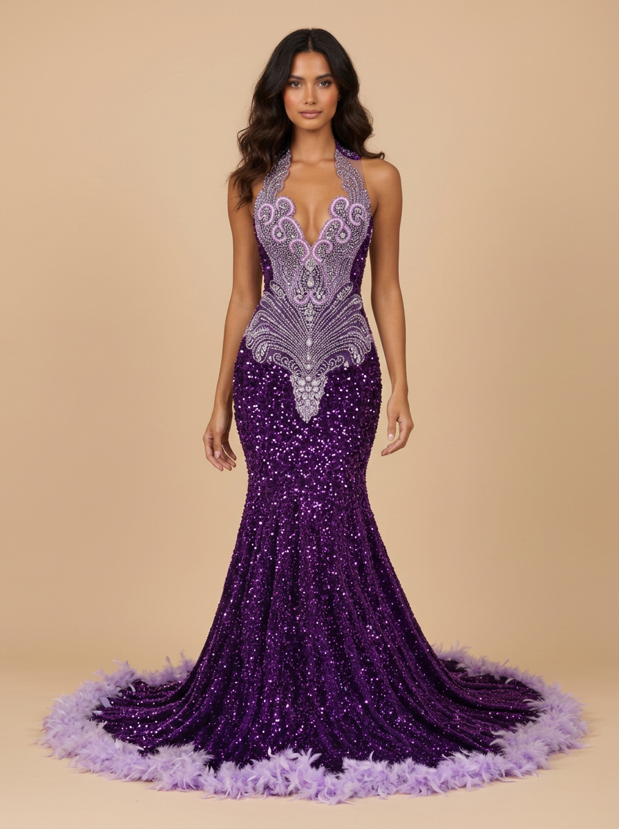 Majestad · Vestido de noche sirena morado de lentejuelas con bajo de plumas