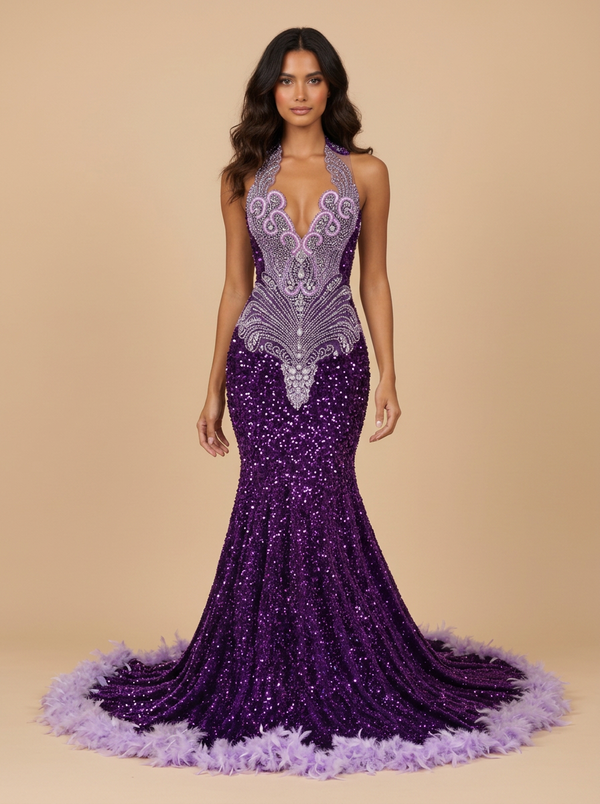 Majestad · Vestido de noche sirena morado de lentejuelas con bajo de plumas